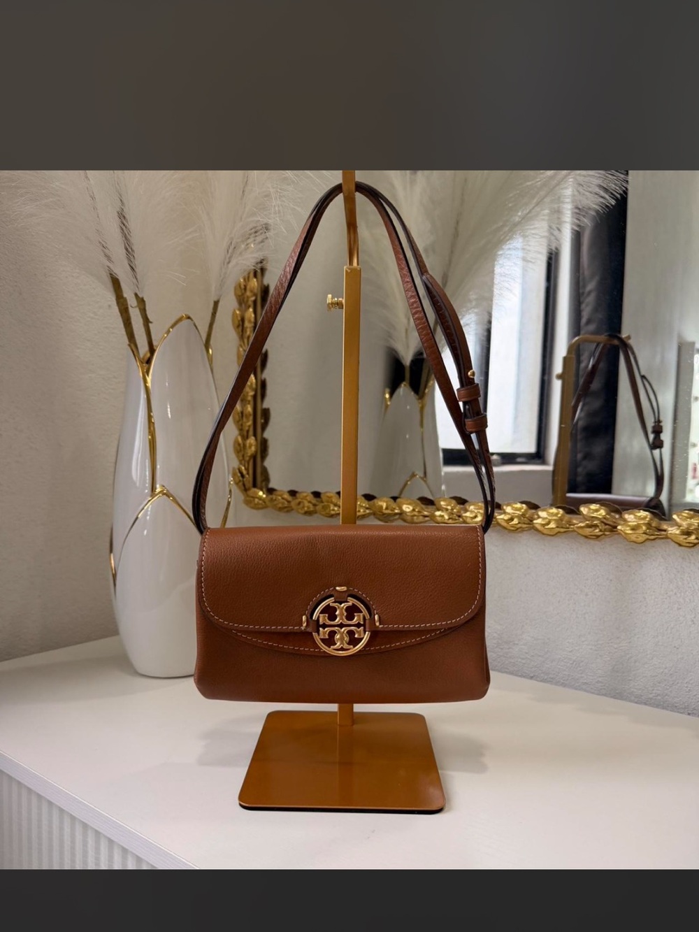 Tory Burch Chestnut Brown Leather Shoulder Bag with Gold Logo